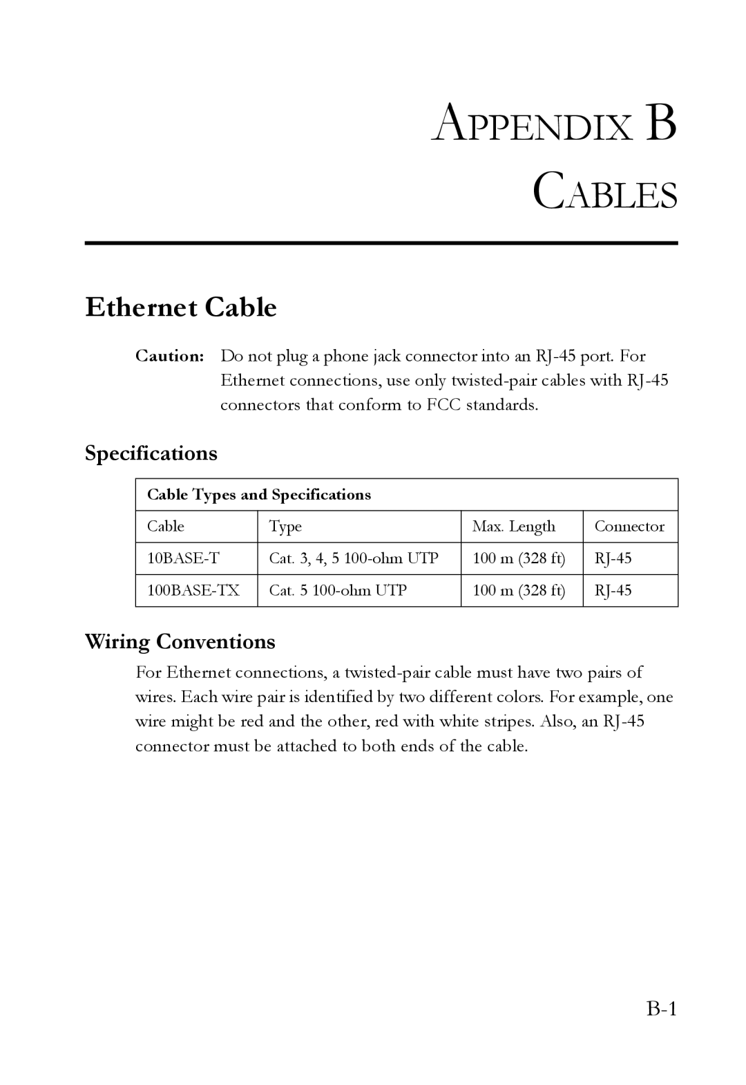 SMC Networks SMCWBR14T-G manual Ethernet Cable, Specifications, Wiring Conventions 