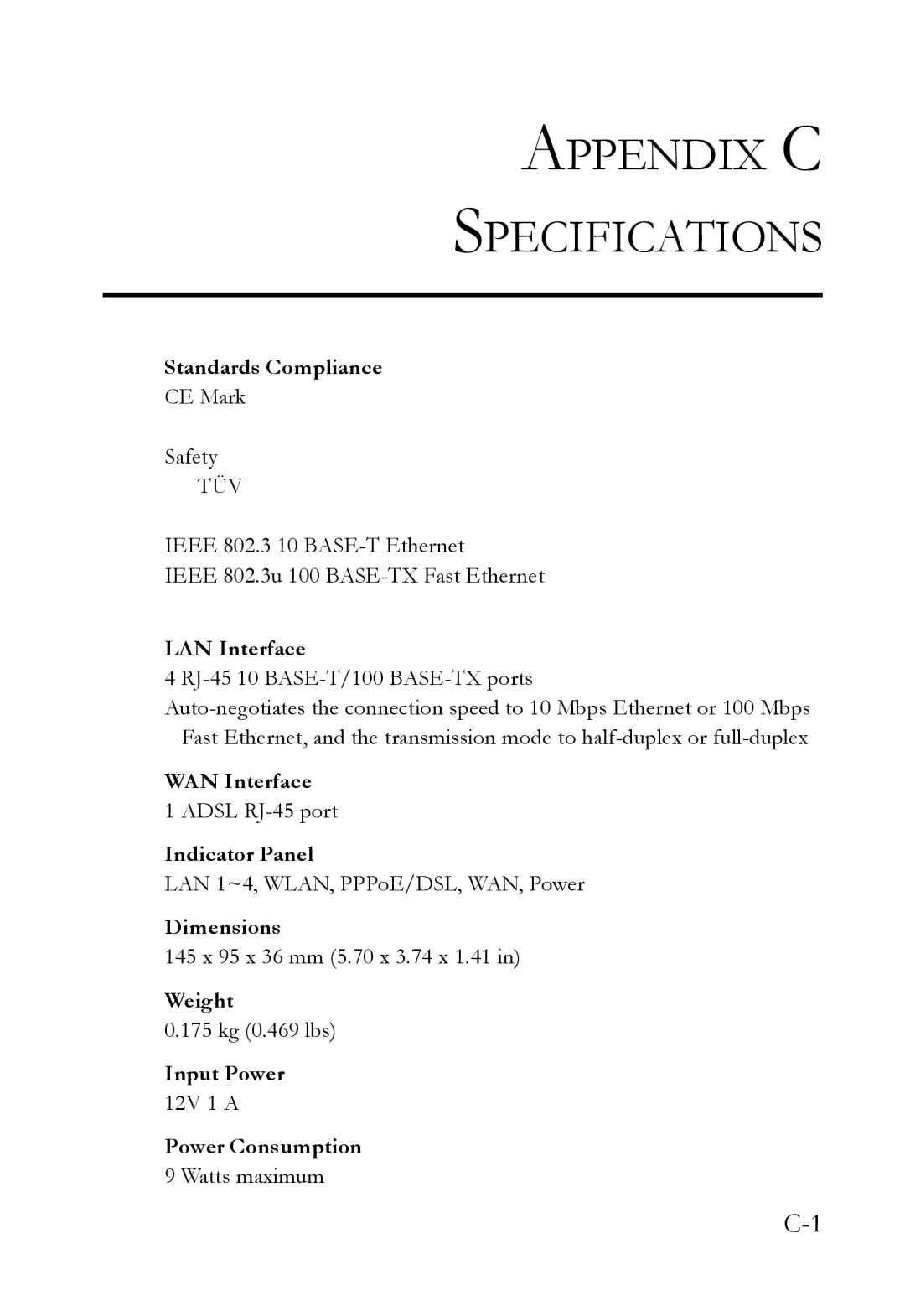 SMC Networks SMCWBR14T-G manual Standards Compliance, LAN Interface, WAN Interface, Indicator Panel, Dimensions, Weight 