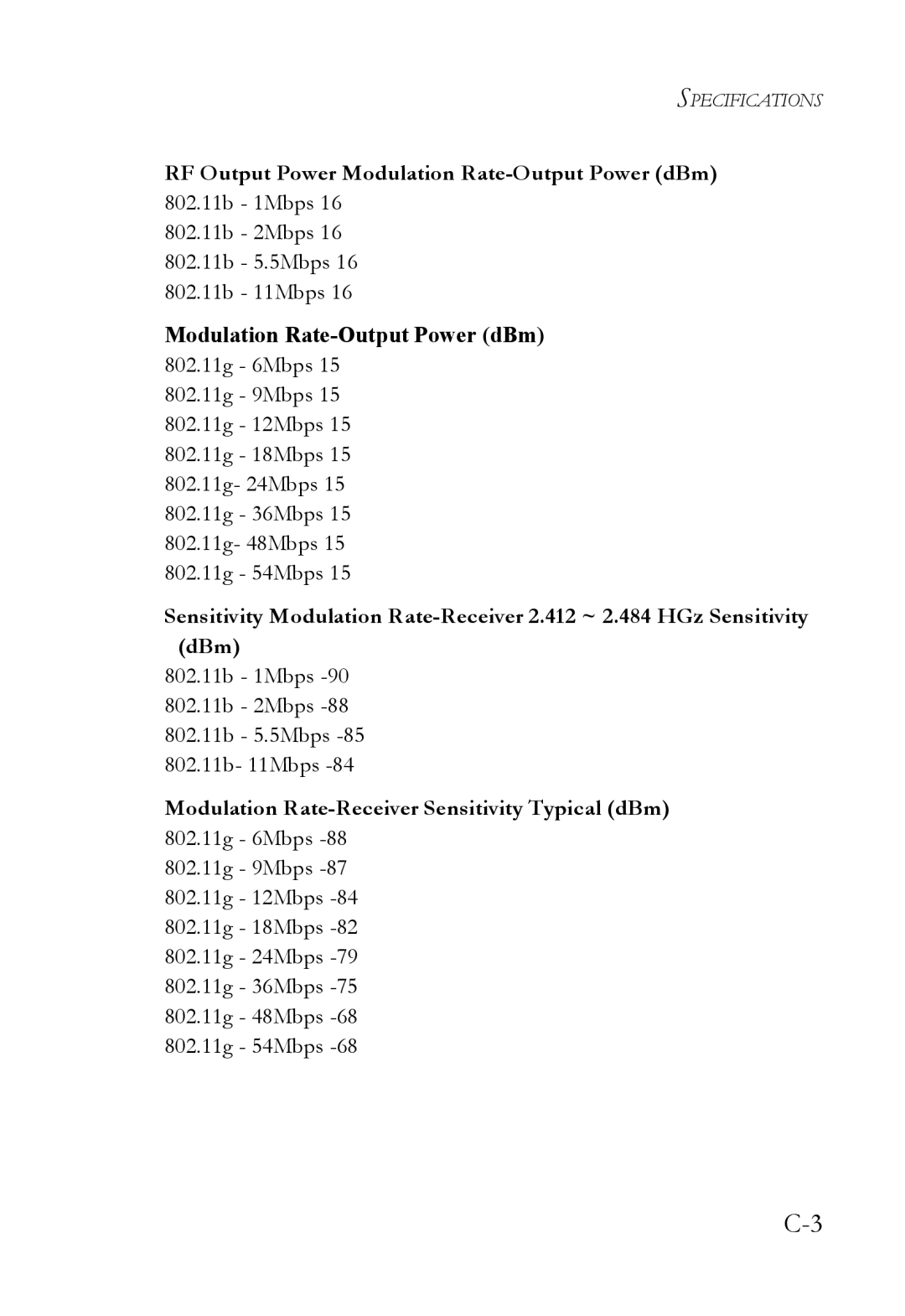 SMC Networks SMCWBR14T-G manual 802.11b 1Mbps 802.11b 2Mbps 802.11b 5.5Mbps 802.11b- 11Mbps 