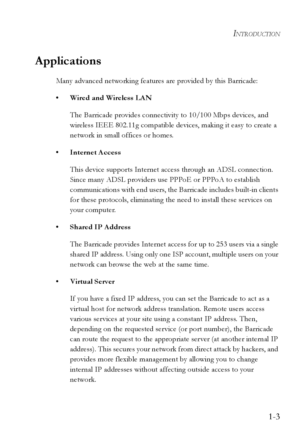 SMC Networks SMCWBR14T-G manual Applications, Wired and Wireless LAN, Internet Access, Shared IP Address, Virtual Server 