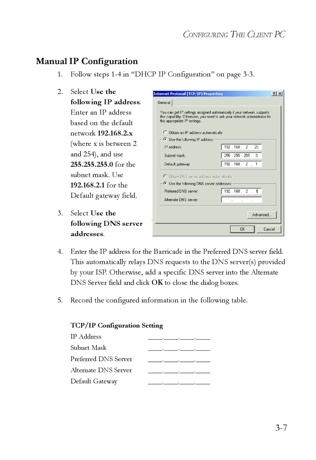 SMC Networks SMCWBR14T-G manual Manual IP Configuration, TCP/IP Configuration Setting 