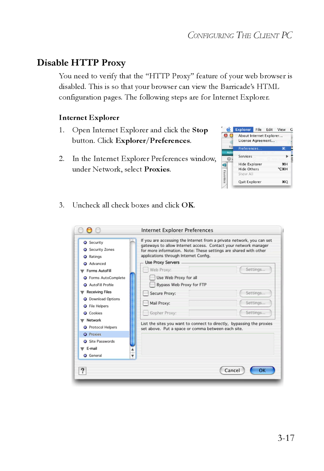 SMC Networks SMCWBR14T-G manual Disable Http Proxy, Internet Explorer 