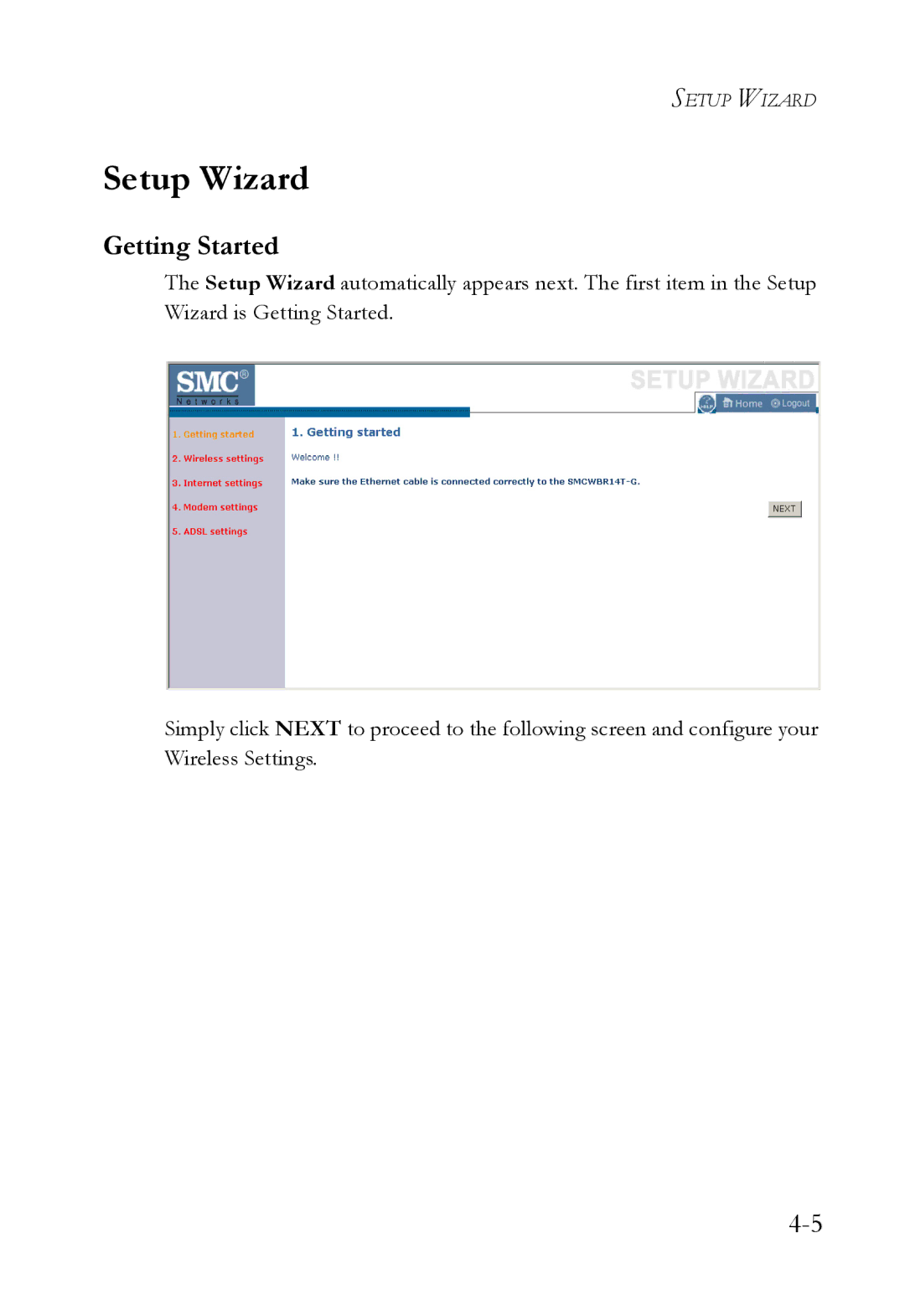 SMC Networks SMCWBR14T-G manual Setup Wizard, Getting Started 