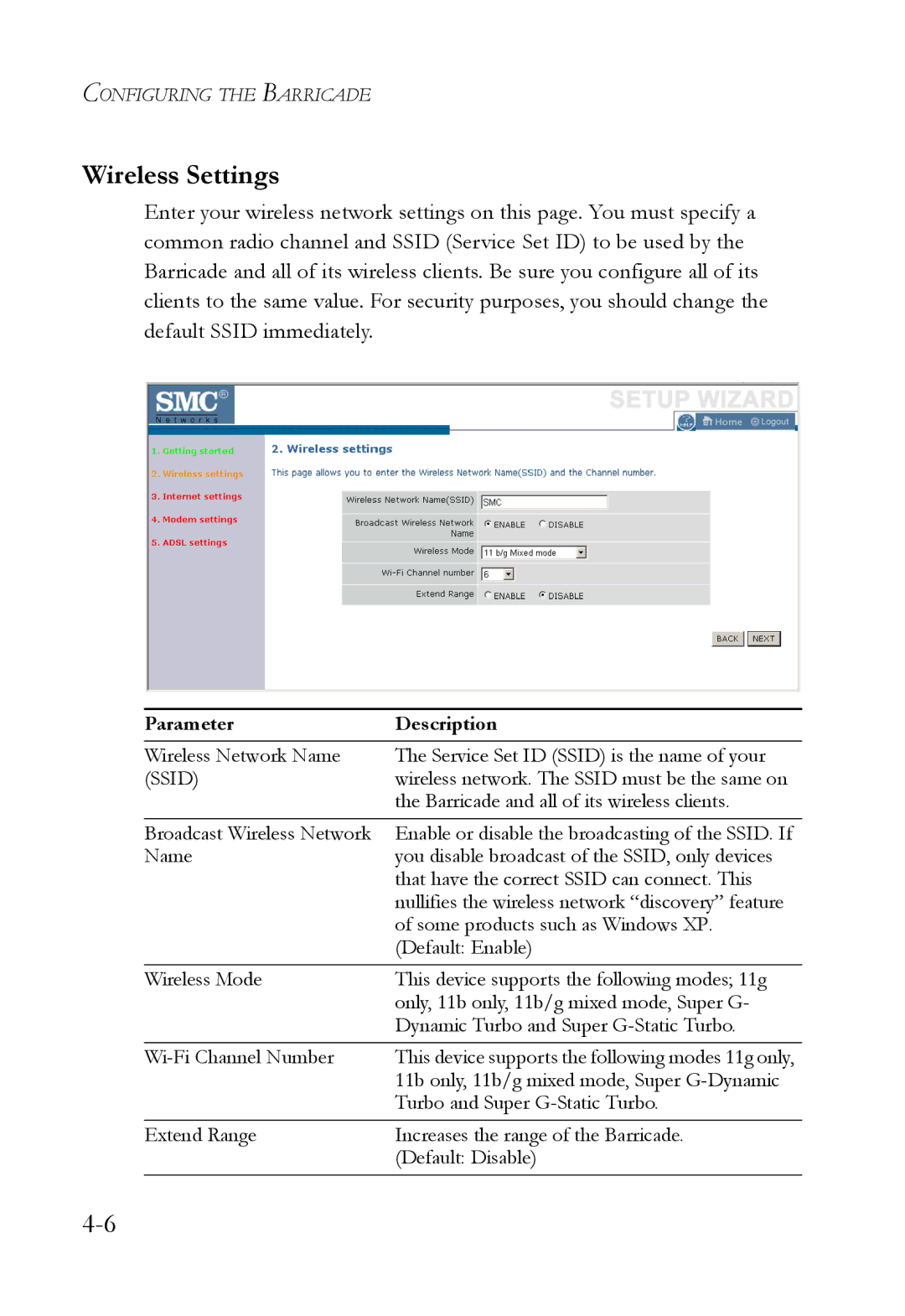 SMC Networks SMCWBR14T-G manual Wireless Settings, Parameter Description 