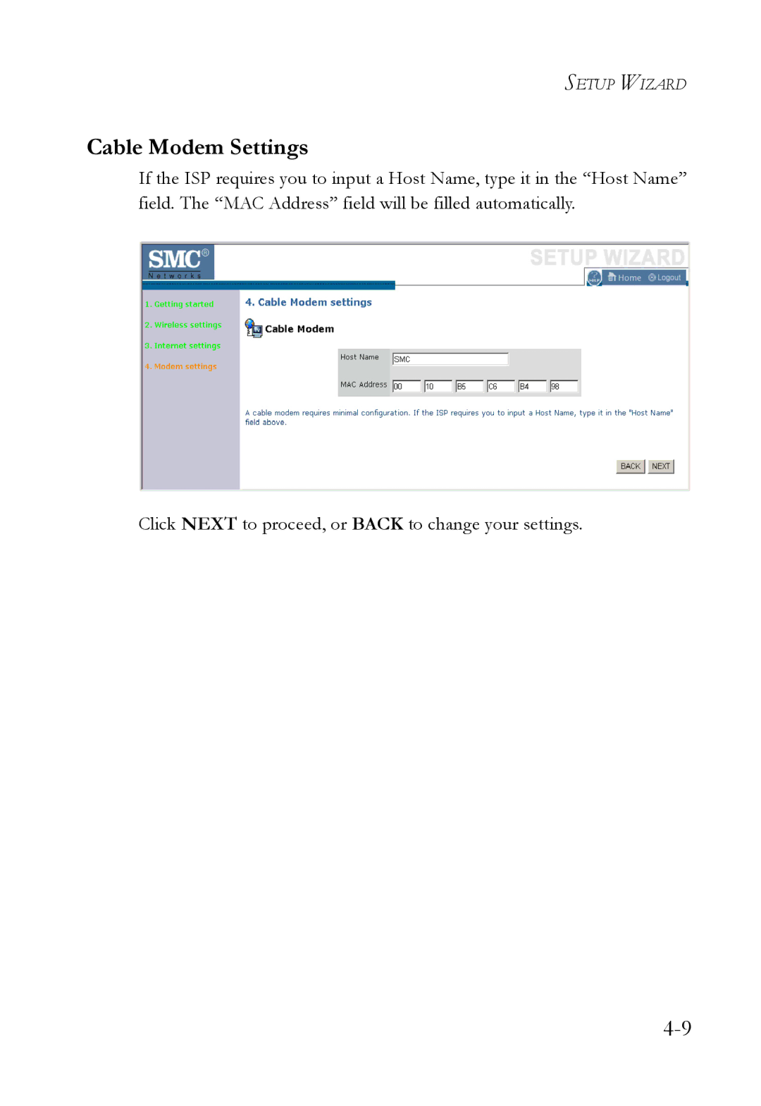 SMC Networks SMCWBR14T-G manual Cable Modem Settings 