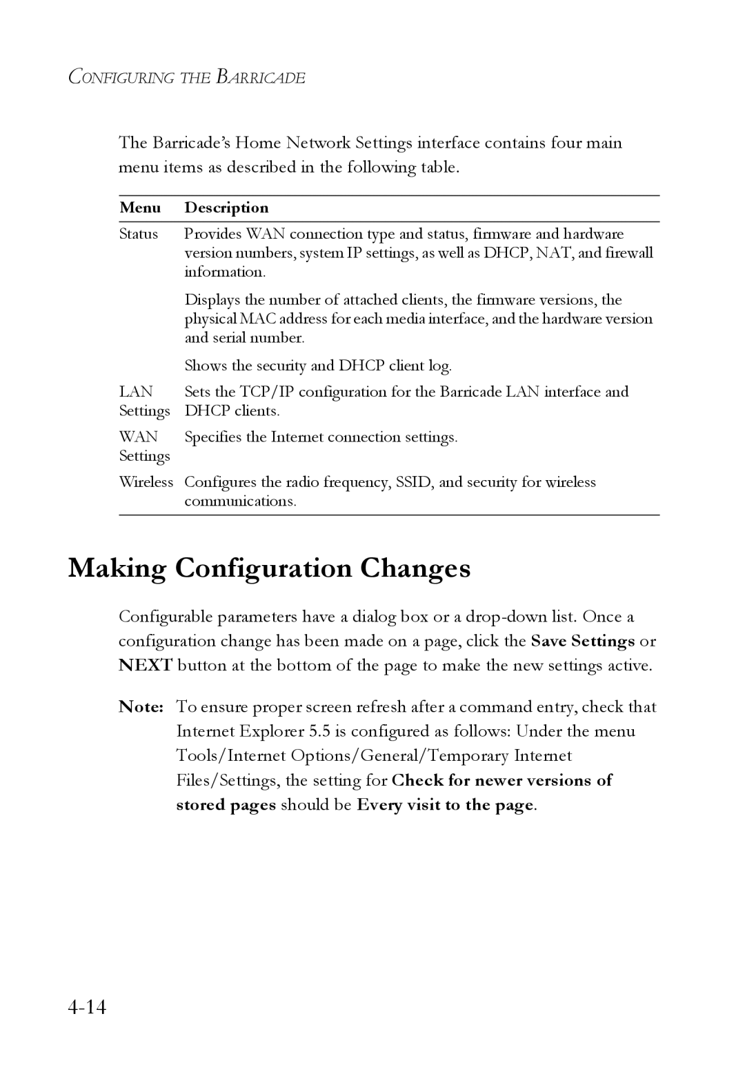 SMC Networks SMCWBR14T-G manual Making Configuration Changes, Menu Description 