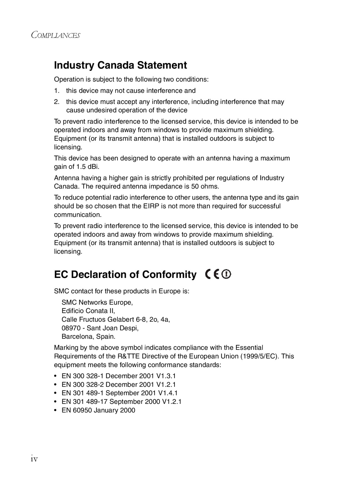 SMC Networks SMCWBR14T-G manual Industry Canada Statement 