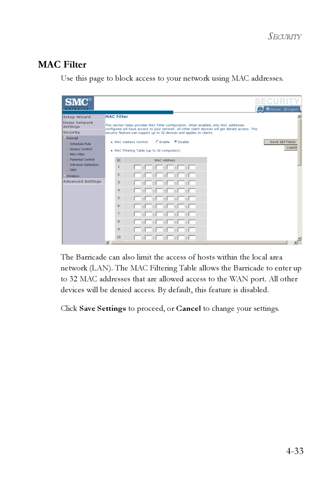 SMC Networks SMCWBR14T-G manual MAC Filter 