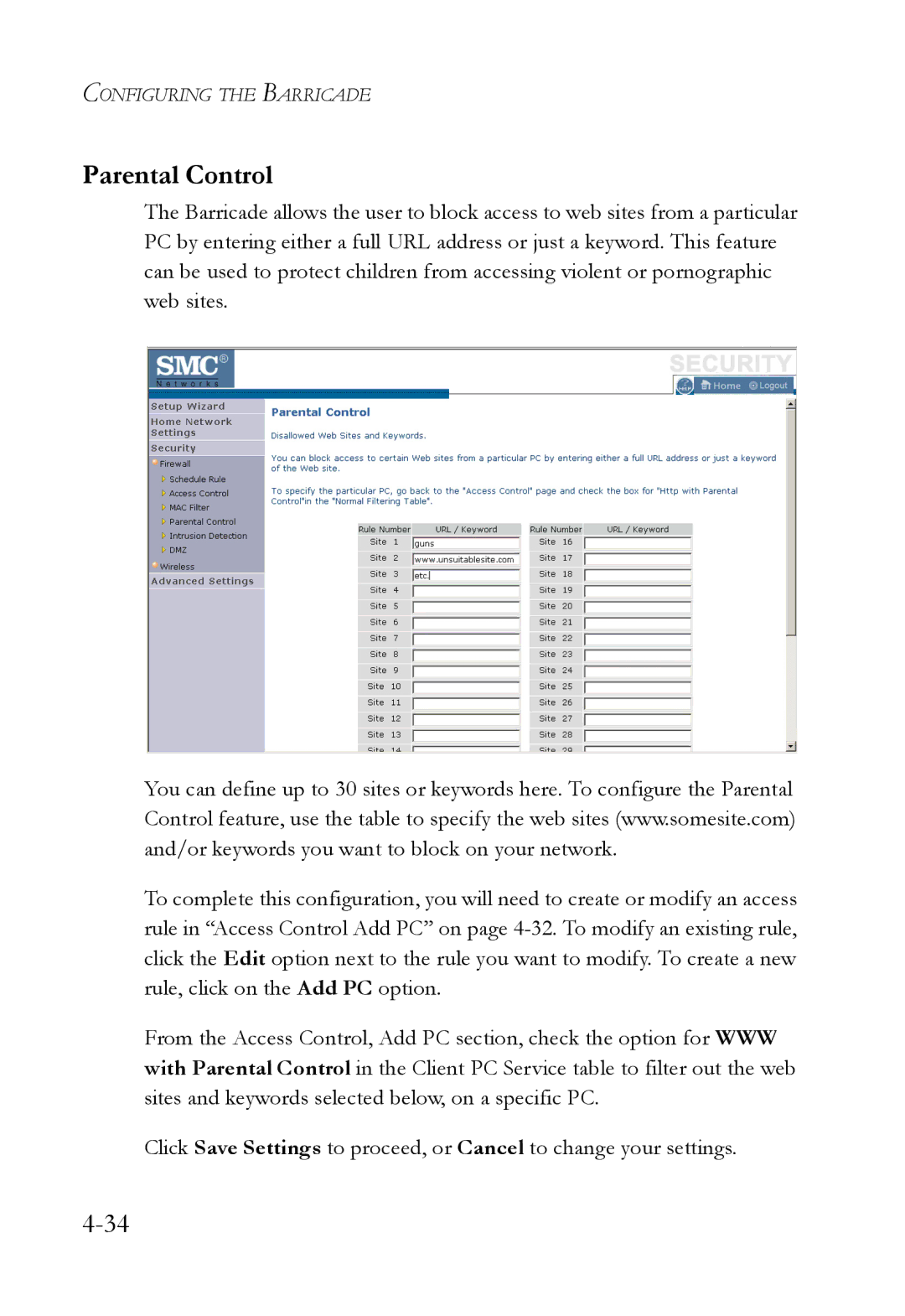 SMC Networks SMCWBR14T-G manual Parental Control 