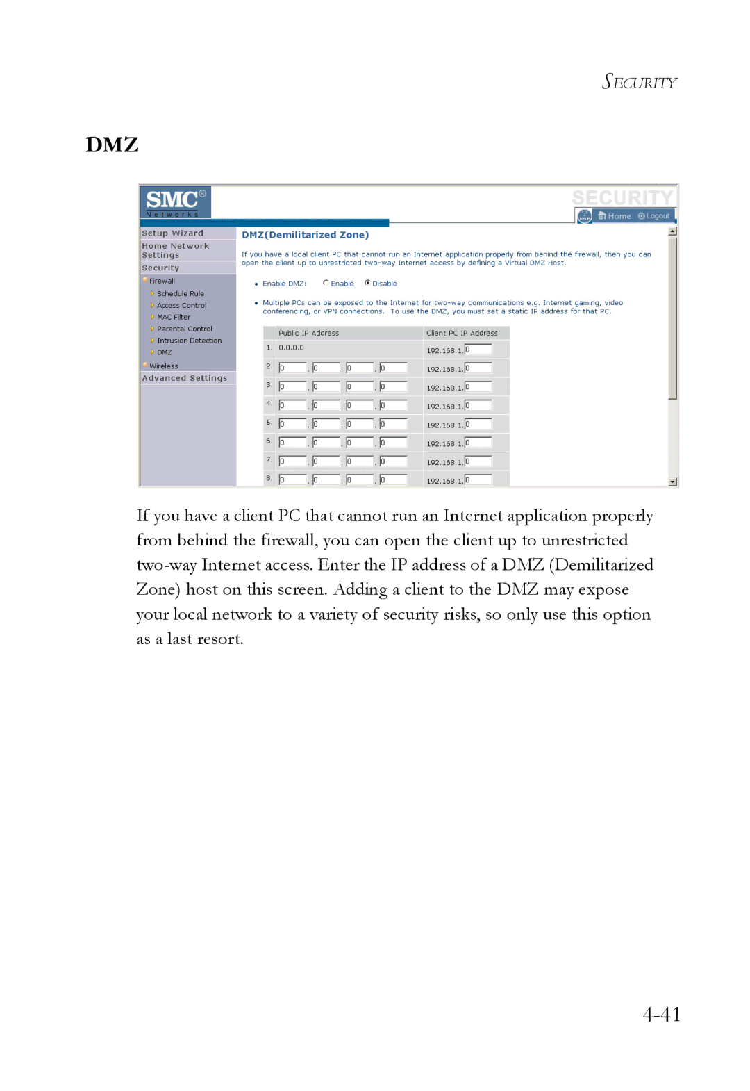 SMC Networks SMCWBR14T-G manual Dmz 