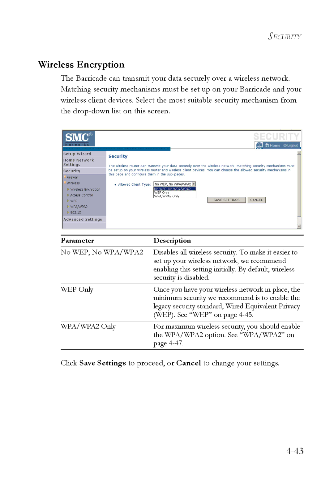 SMC Networks SMCWBR14T-G manual Wireless Encryption 