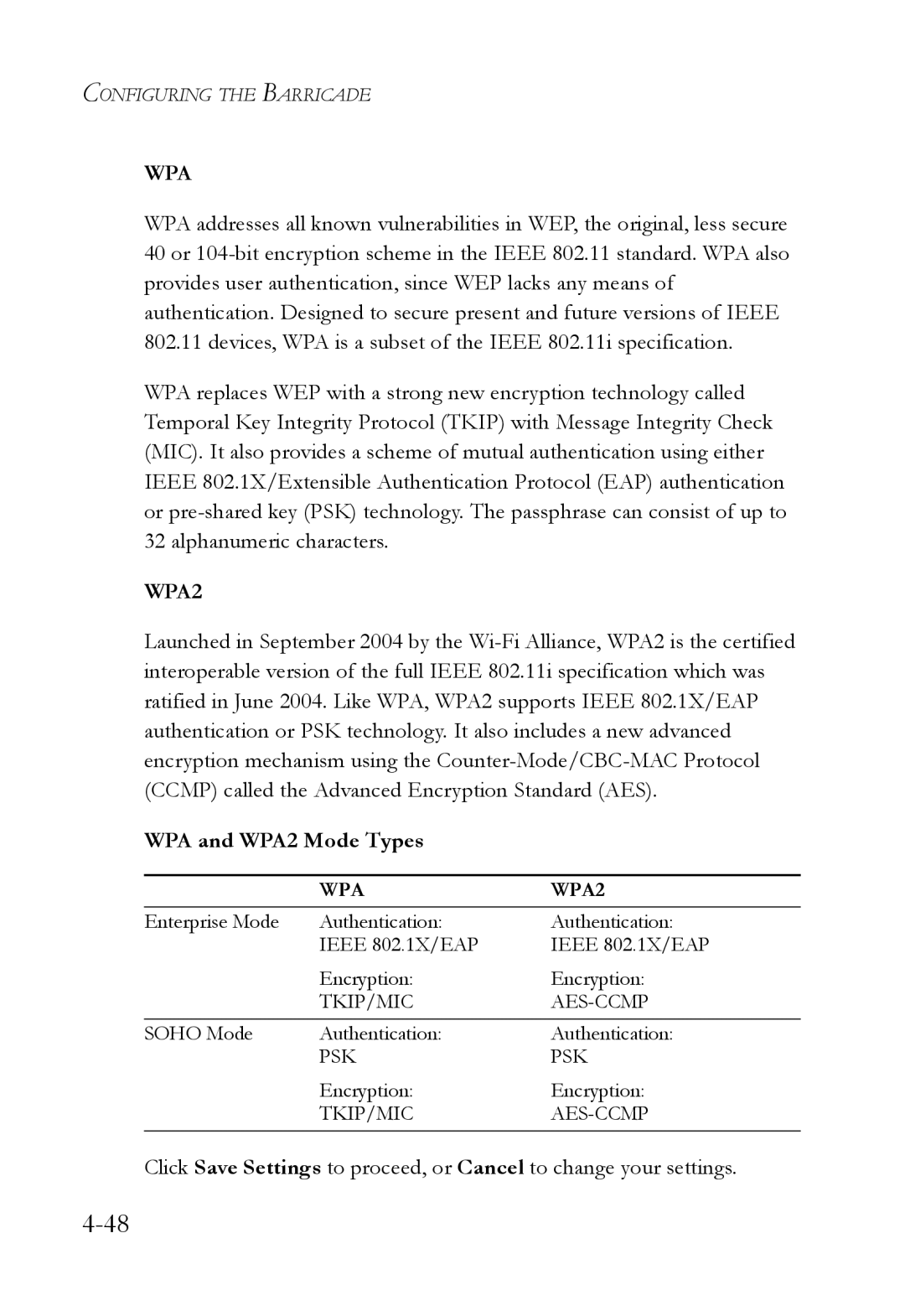 SMC Networks SMCWBR14T-G manual Wpa, WPA and WPA2 Mode Types 