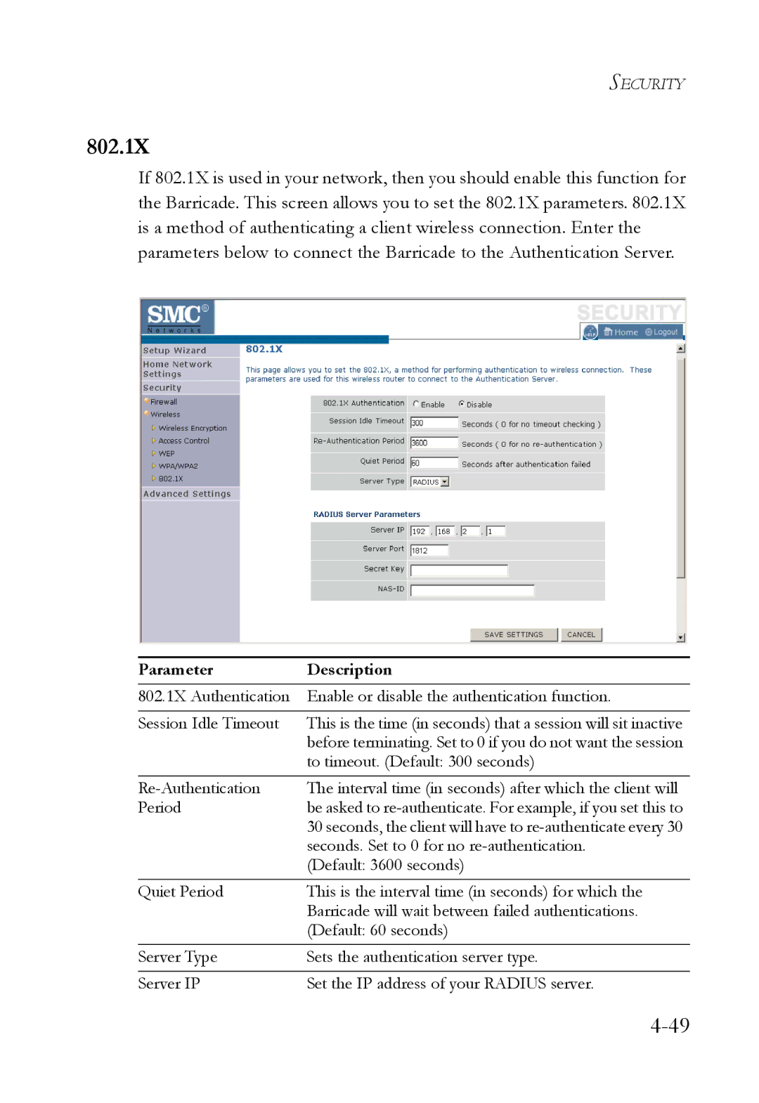 SMC Networks SMCWBR14T-G manual 802.1X 