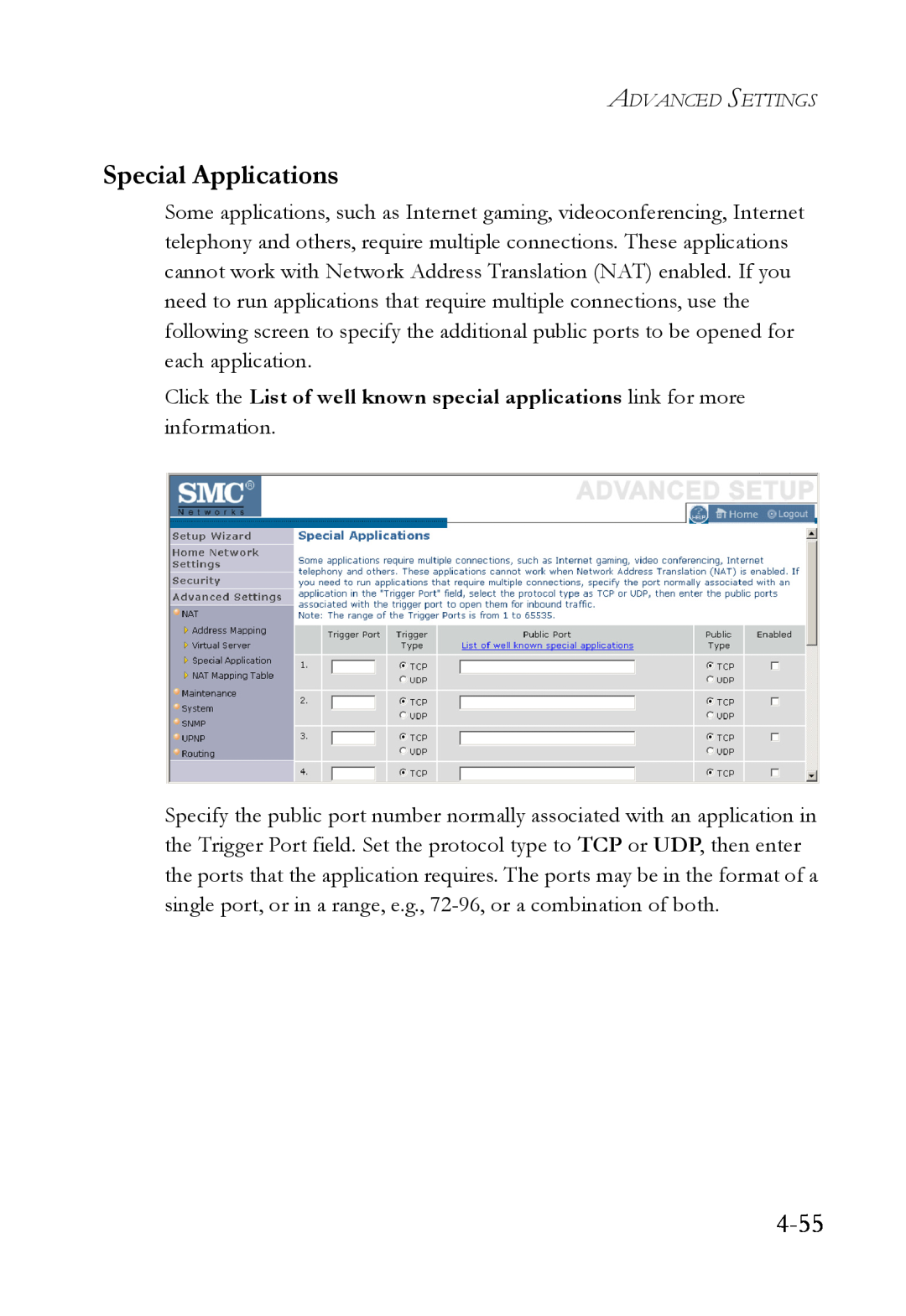 SMC Networks SMCWBR14T-G manual 4-55, Special Applications 