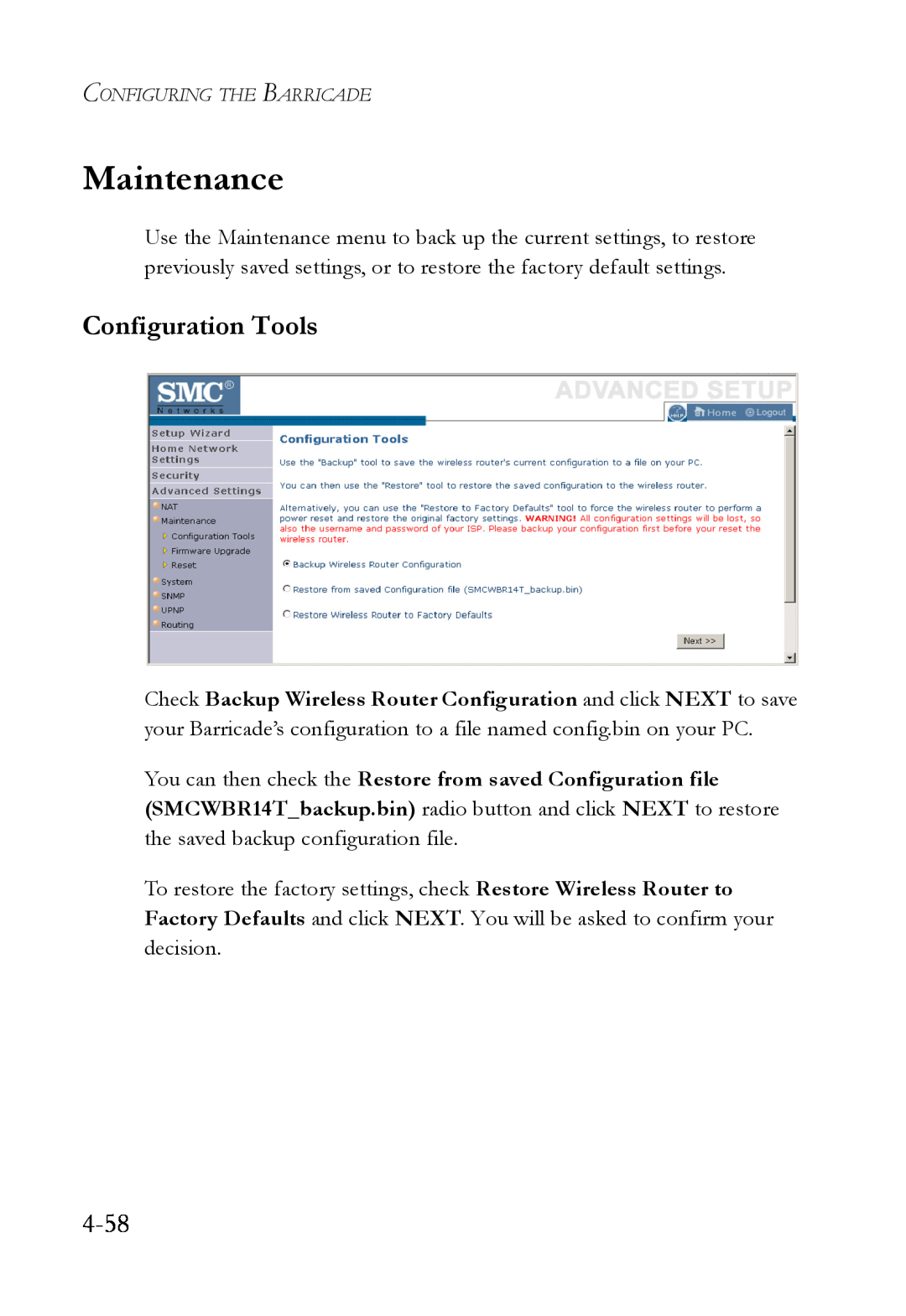 SMC Networks SMCWBR14T-G manual Maintenance, 4-58, Configuration Tools 