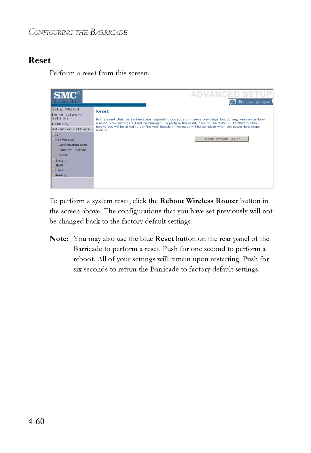 SMC Networks SMCWBR14T-G manual 4-60, Reset 