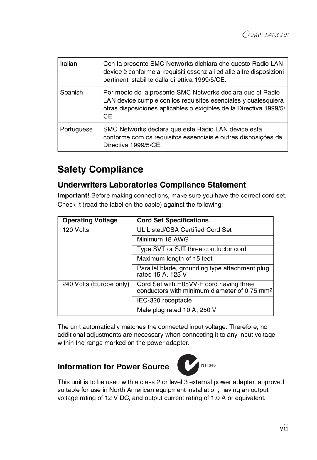 SMC Networks SMCWBR14T-G Safety Compliance, Underwriters Laboratories Compliance Statement, Information for Power Source 