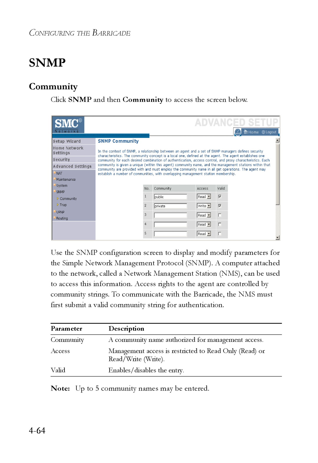 SMC Networks SMCWBR14T-G manual Snmp, 4-64, Community 