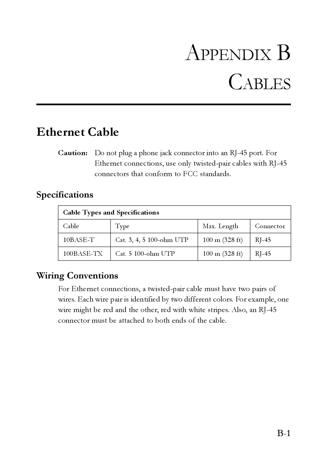 SMC Networks SMCWBR14T-G manual Appendix B Cables, Ethernet Cable 