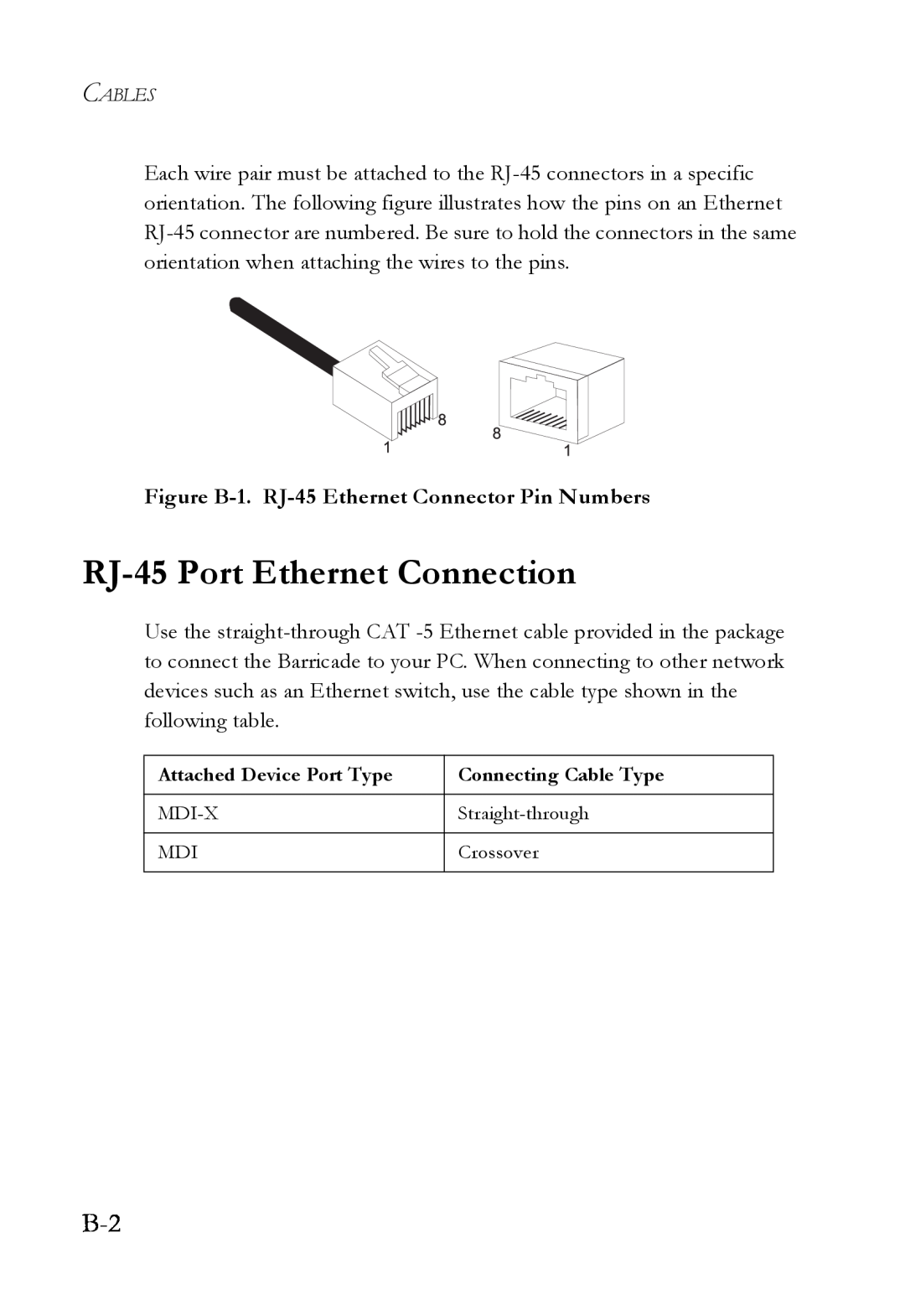 SMC Networks SMCWBR14T-G manual RJ-45 Port Ethernet Connection, Figure B-1. RJ-45 Ethernet Connector Pin Numbers 