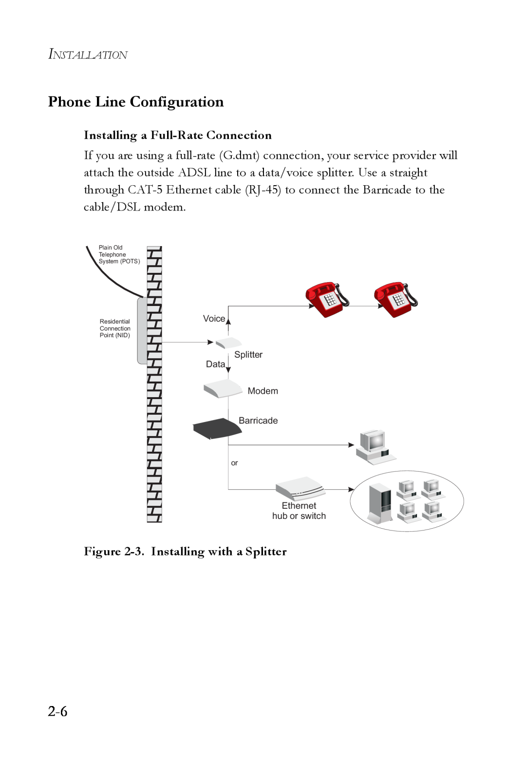 SMC Networks SMCWBR14T-G manual Phone Line Configuration, Installing a Full-Rate Connection, 3. Installing with a Splitter 