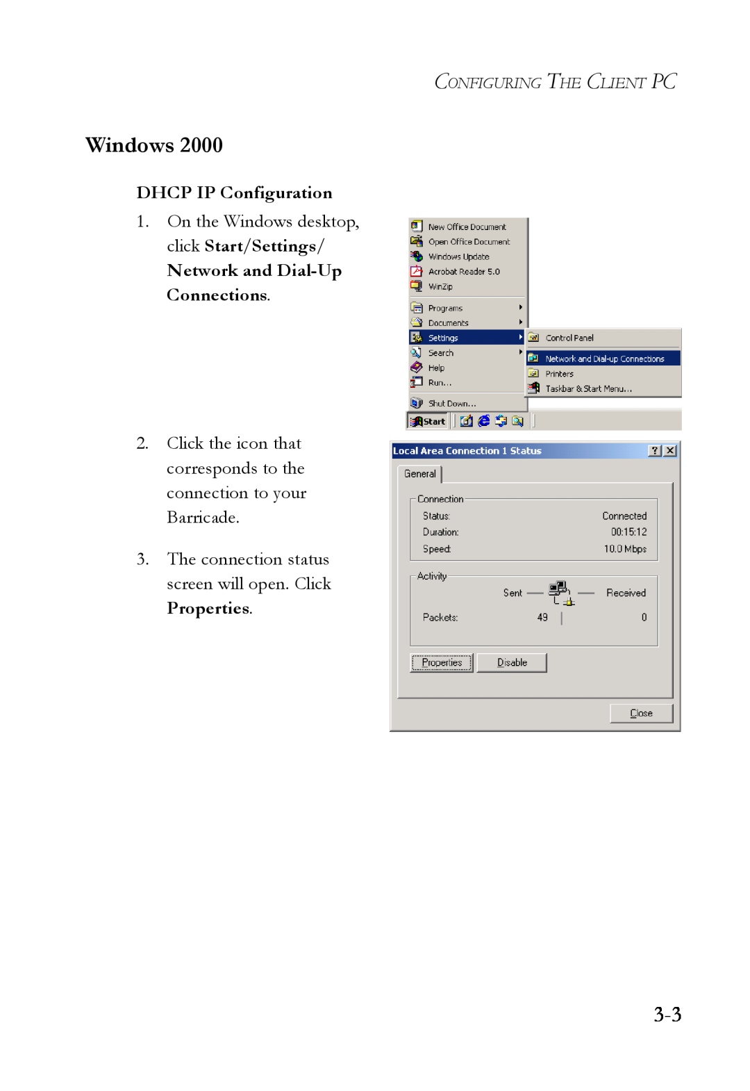 SMC Networks SMCWBR14T-G manual Windows, DHCP IP Configuration, Network and Dial-Up Connections, Configuring The Client Pc 