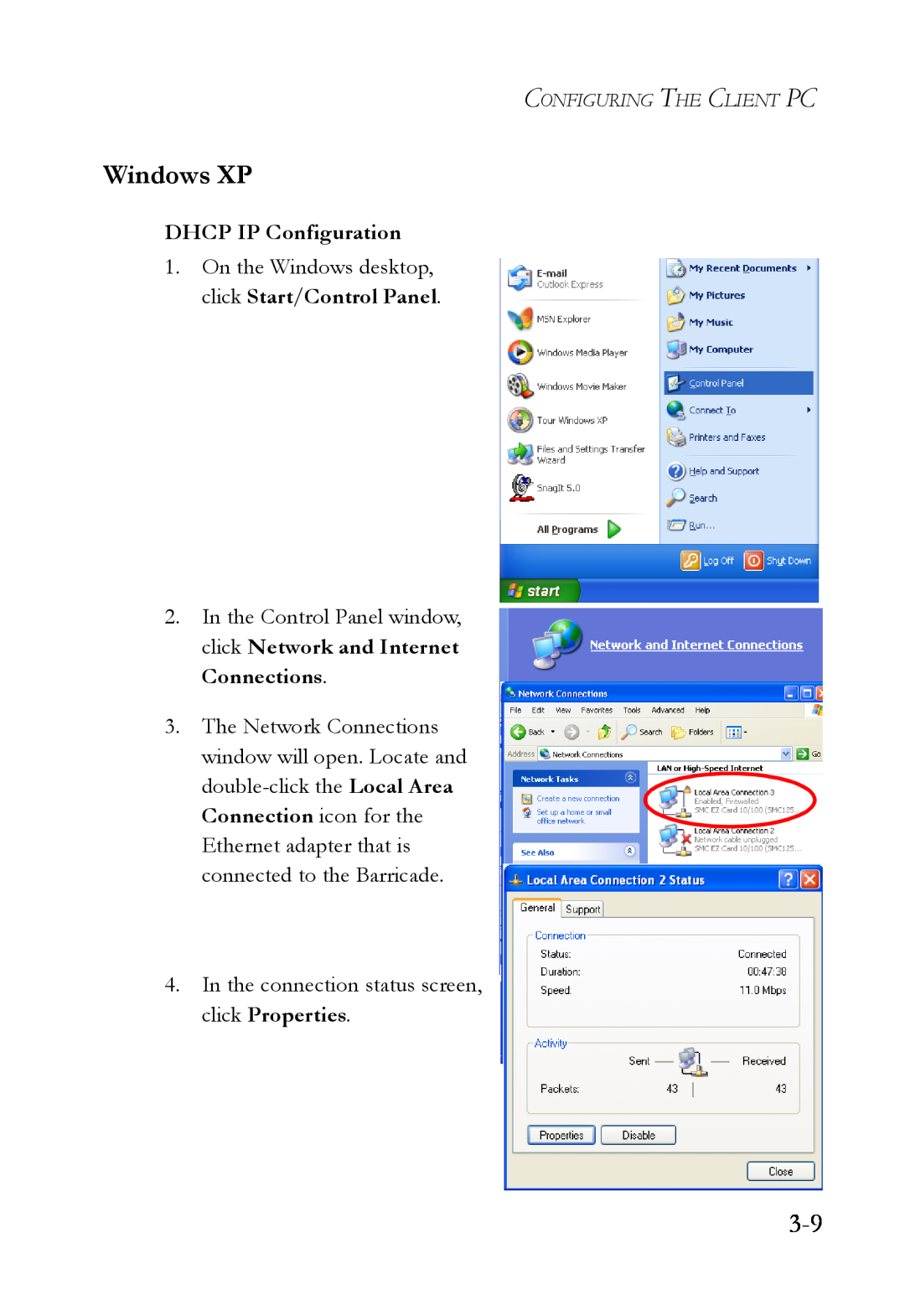 SMC Networks SMCWBR14T-G manual Windows XP, DHCP IP Configuration, On the Windows desktop, click Start/Control Panel 