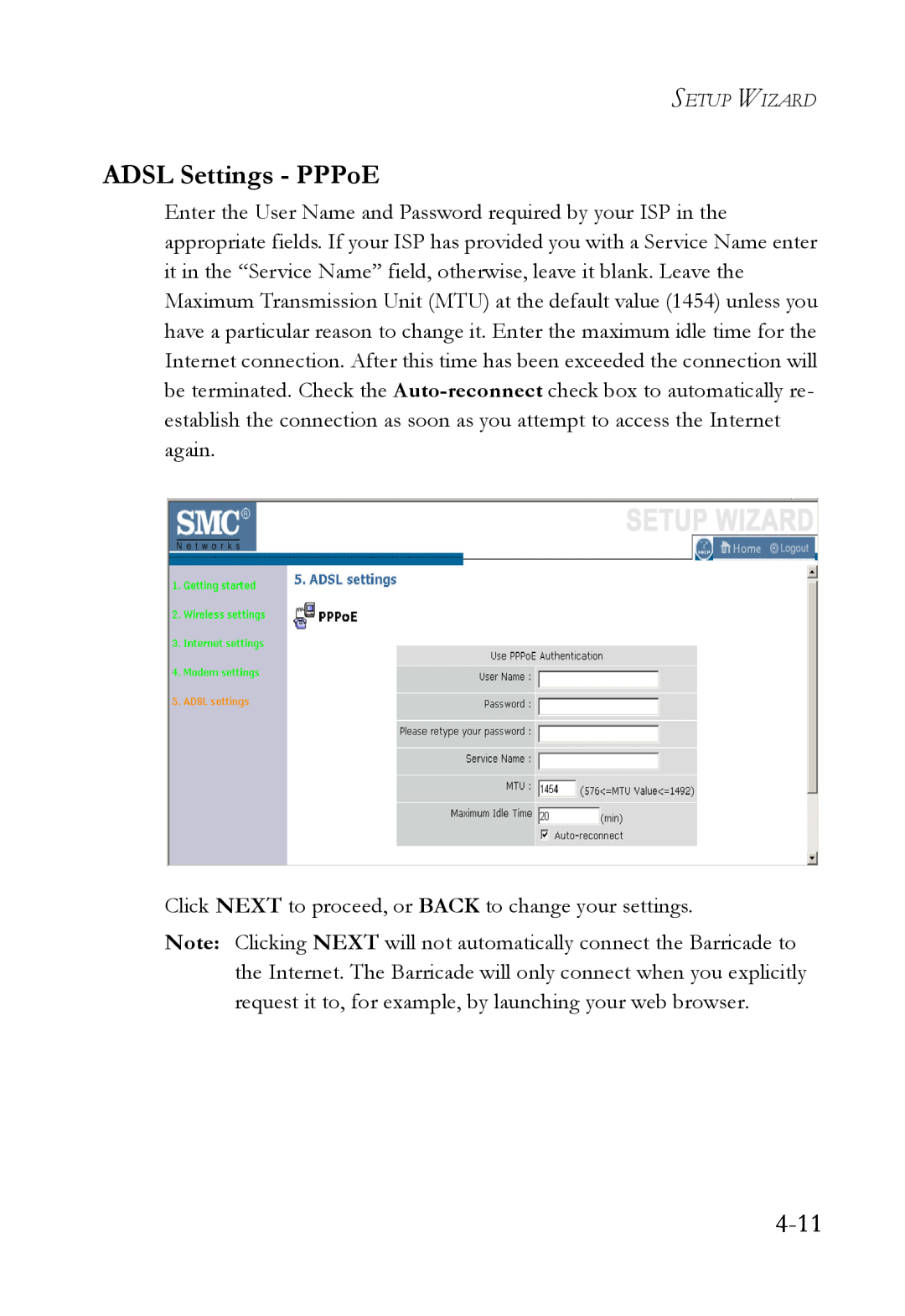 SMC Networks SMCWBR14T-G manual 4-11, ADSL Settings - PPPoE 