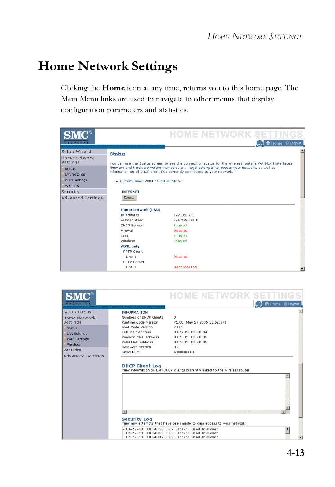 SMC Networks SMCWBR14T-G manual Home Network Settings, 4-13 