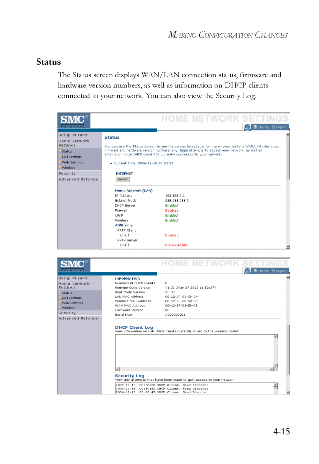 SMC Networks SMCWBR14T-G manual 4-15, Status, Making Configuration Changes 