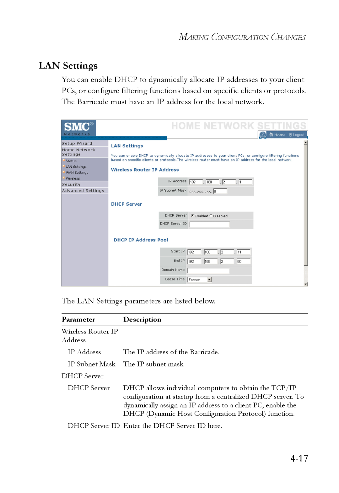 SMC Networks SMCWBR14T-G manual 4-17, LAN Settings 
