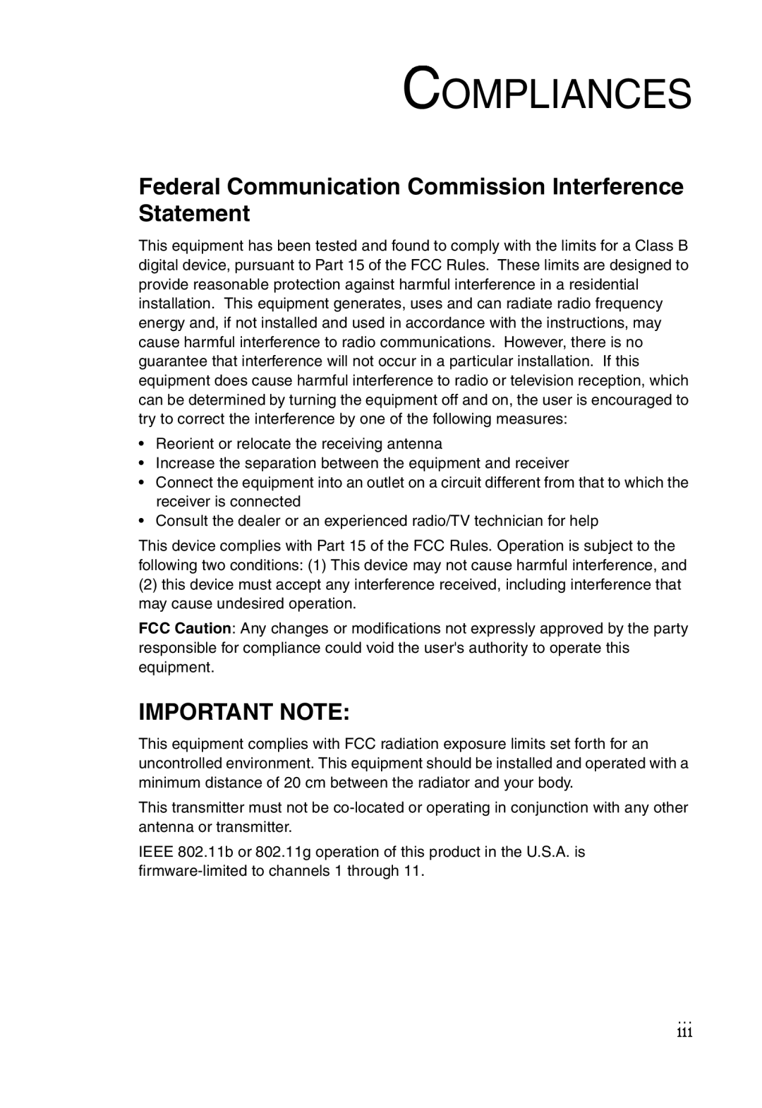 SMC Networks SMCWBR14T-G manual Federal Communication Commission Interference Statement, Important Note, Compliances 