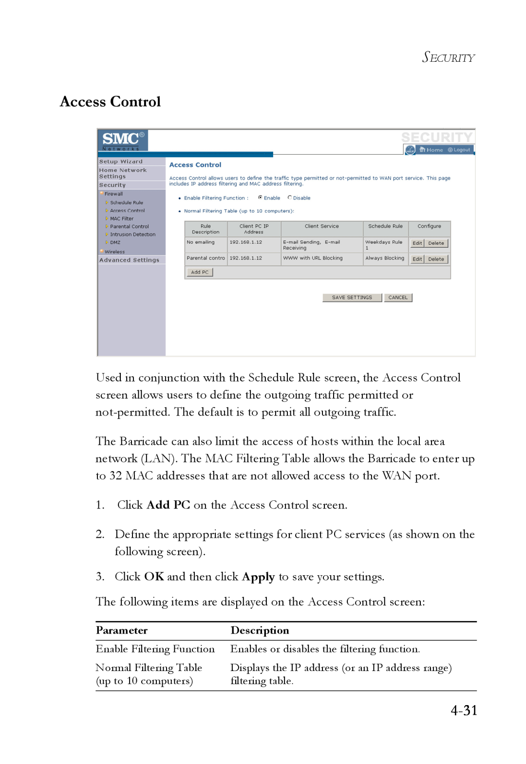 SMC Networks SMCWBR14T-G manual 4-31, Access Control 