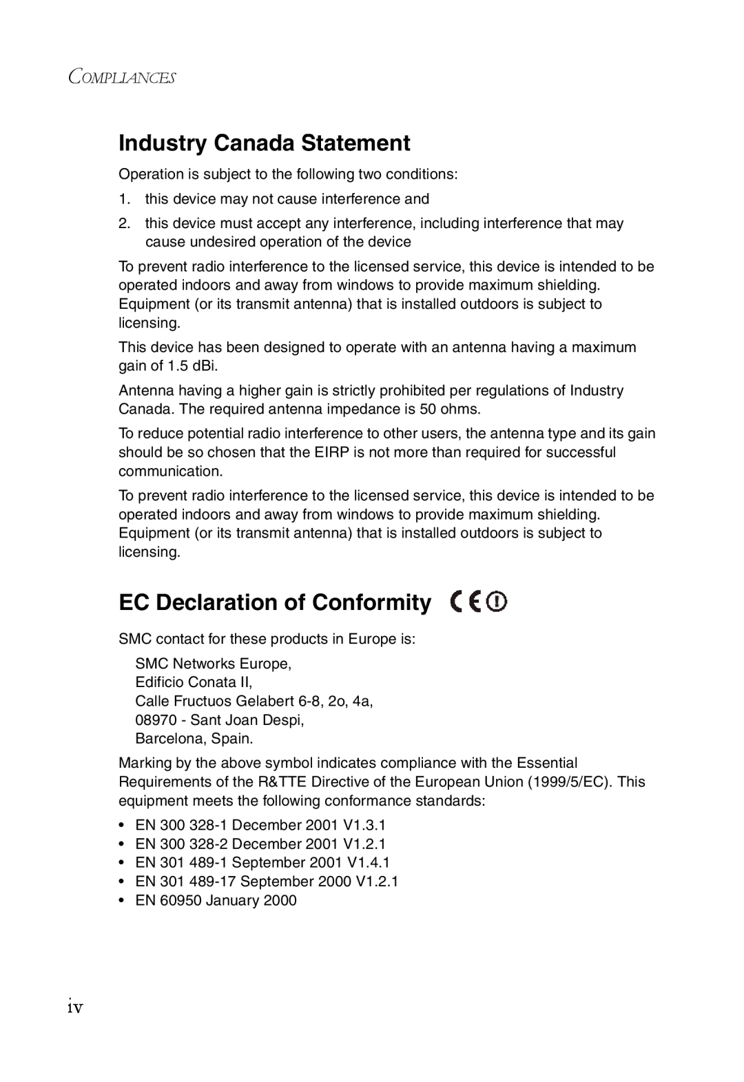 SMC Networks SMCWBR14T-G manual Industry Canada Statement, EC Declaration of Conformity, Compliances 