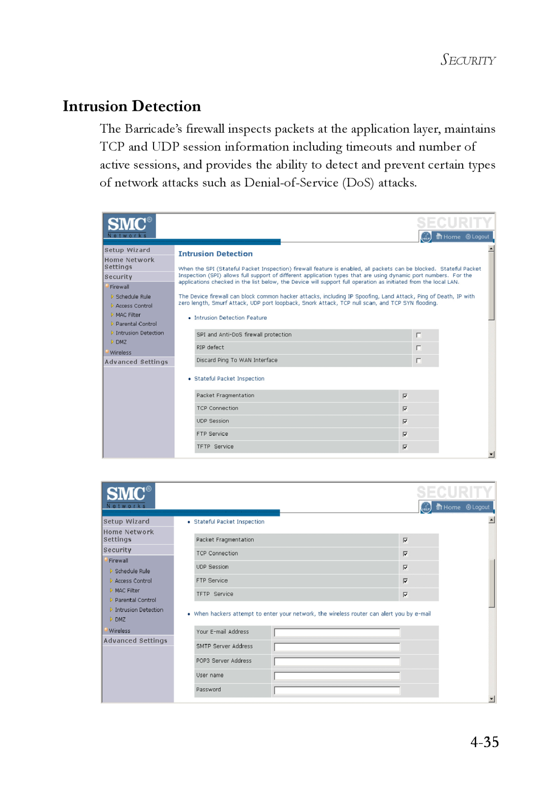 SMC Networks SMCWBR14T-G manual 4-35, Intrusion Detection, Security 
