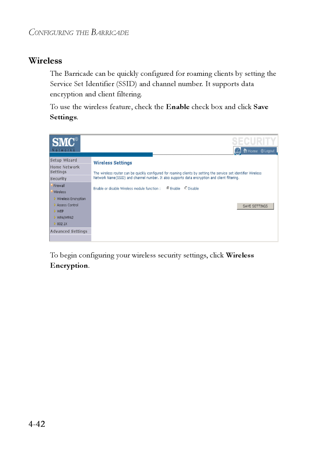 SMC Networks SMCWBR14T-G manual 4-42, Wireless, Configuring The Barricade 