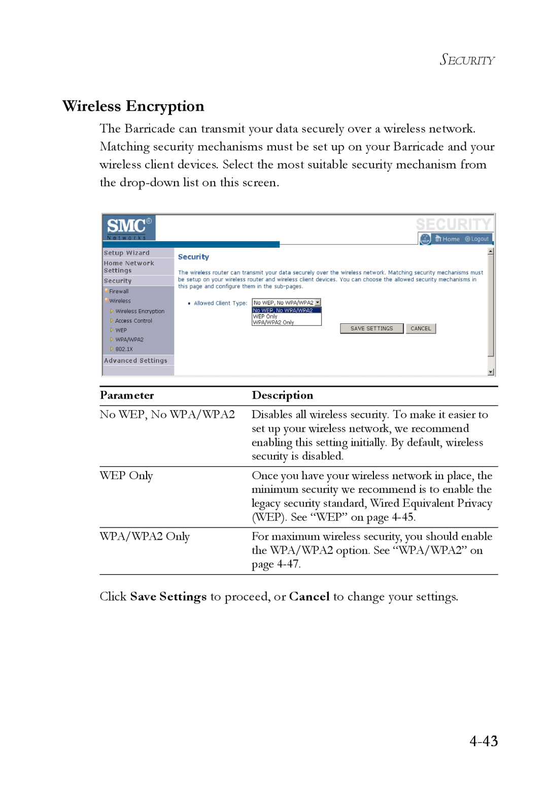 SMC Networks SMCWBR14T-G manual 4-43, Wireless Encryption 