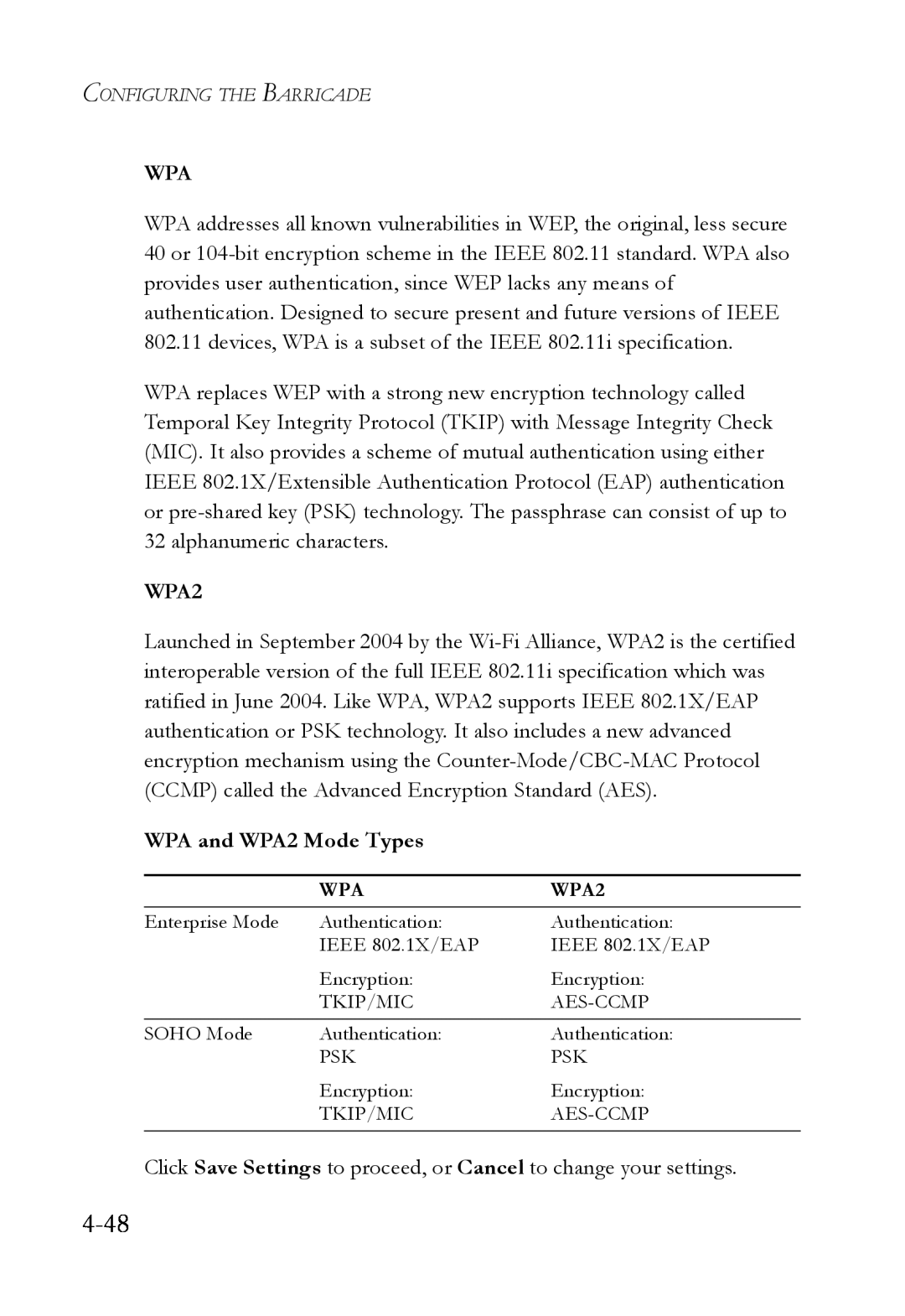 SMC Networks SMCWBR14T-G manual 4-48, WPA and WPA2 Mode Types 