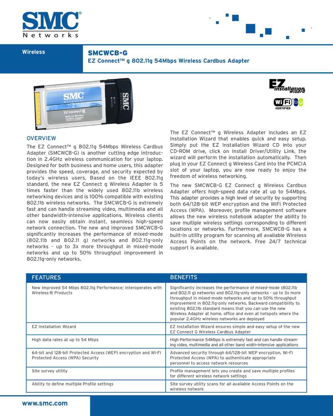 SMC Networks manual WirelessSMCWCB-G, EZ Connect g 802.11g 54Mbps Wireless Cardbus Adapter 