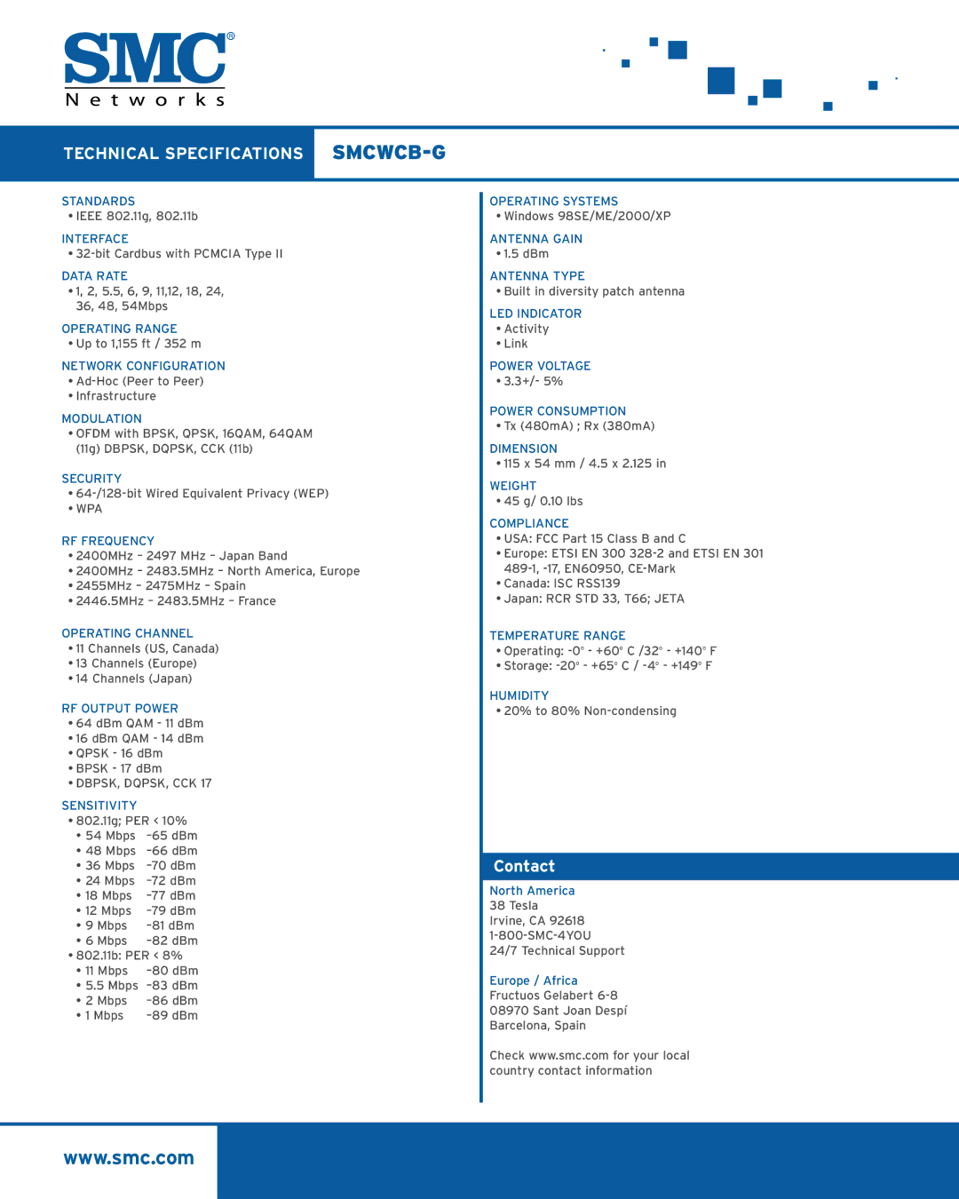 SMC Networks SMCWCB-G manual Contact, Wpa, Dbpsk, Dqpsk, Cck 