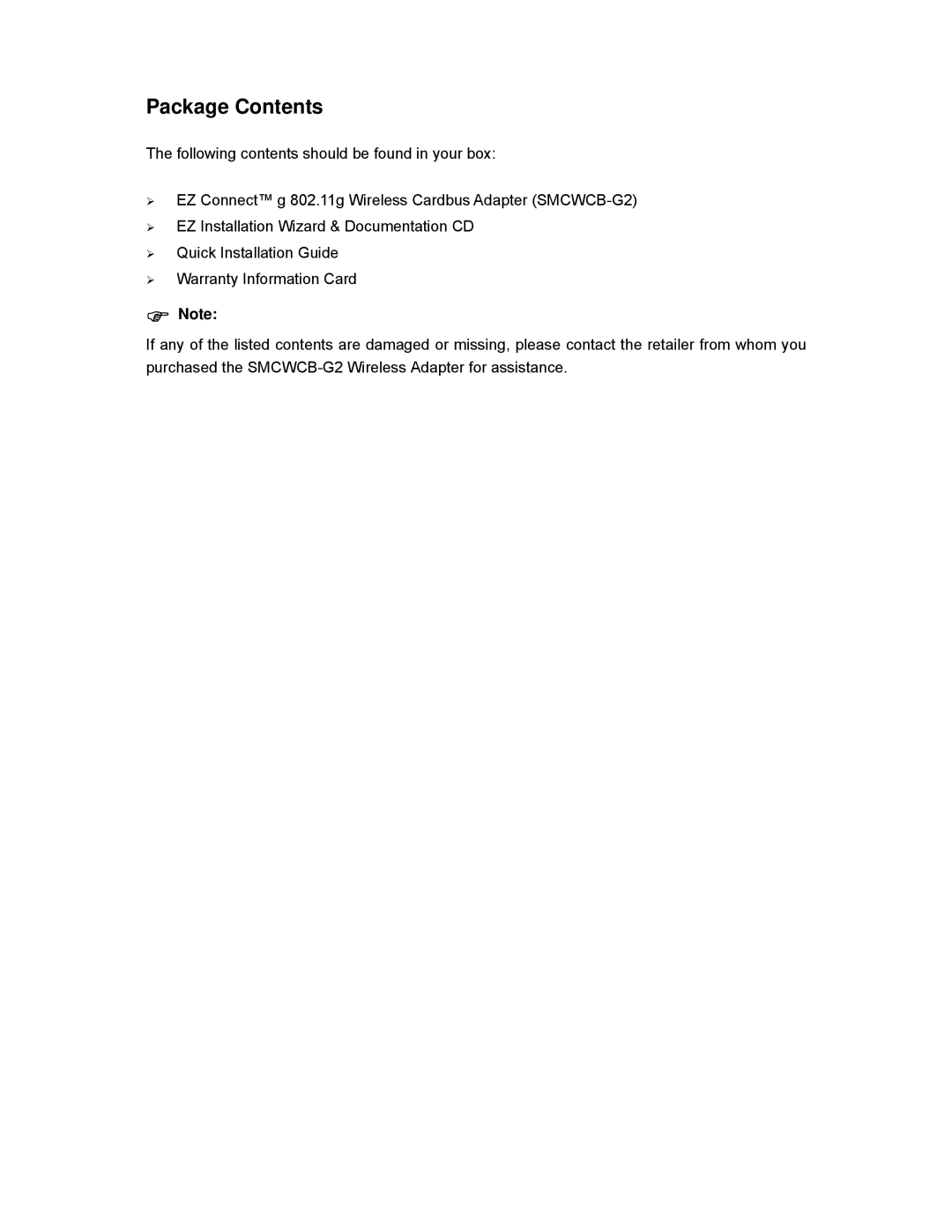 SMC Networks SMCWCB-G2 manual Package Contents 