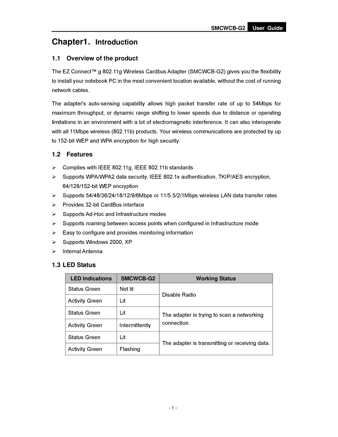 SMC Networks SMCWCB-G2 manual Introduction, Overview of the product, Features, LED Status 