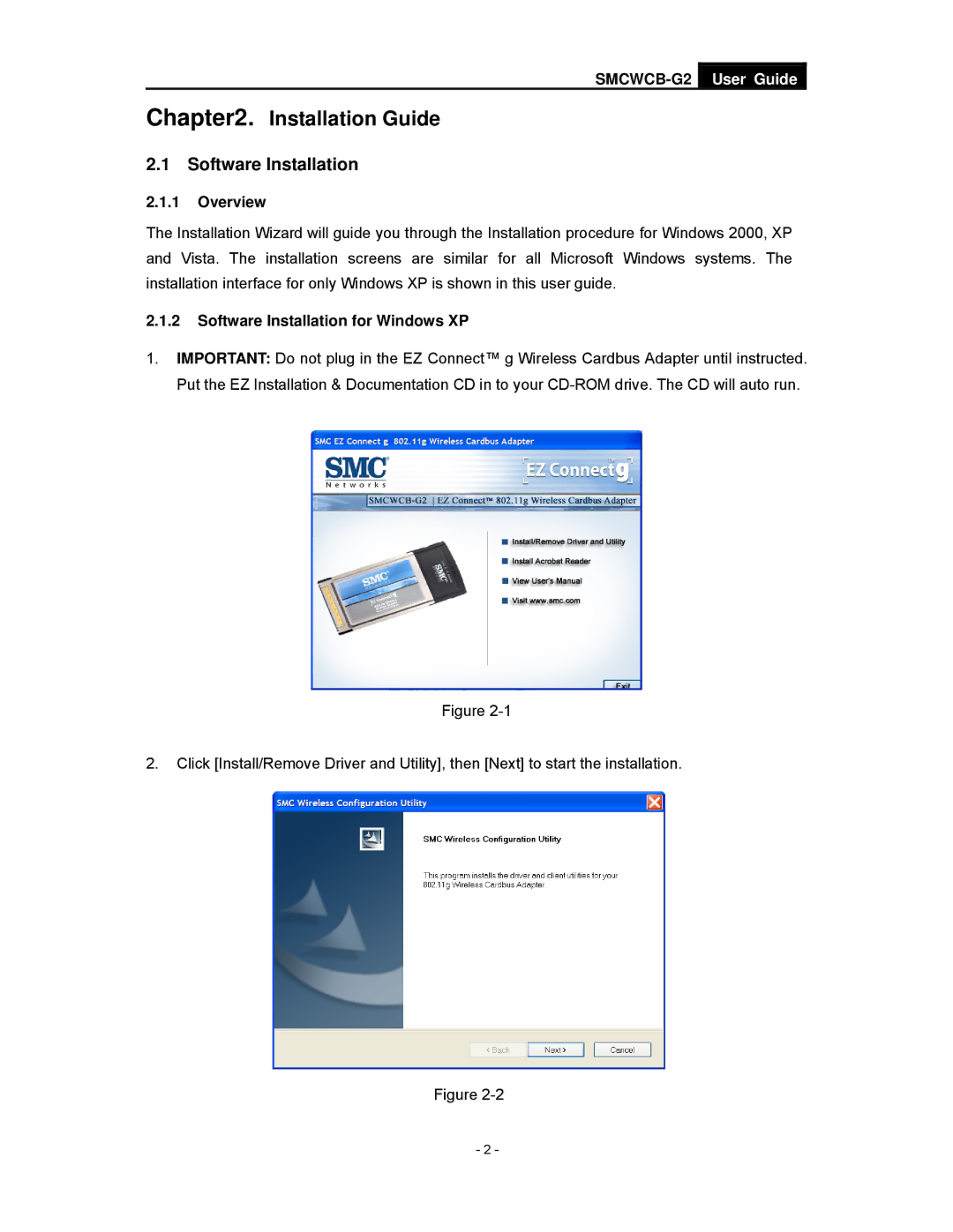 SMC Networks SMCWCB-G2 manual Installation Guide, Overview, Software Installation for Windows XP 