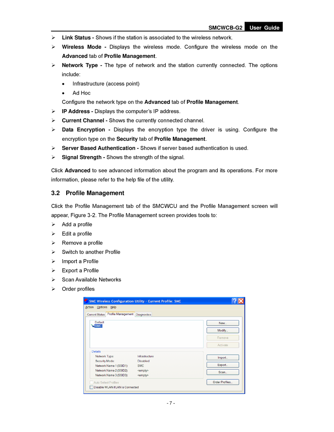 SMC Networks SMCWCB-G2 manual Profile Management 