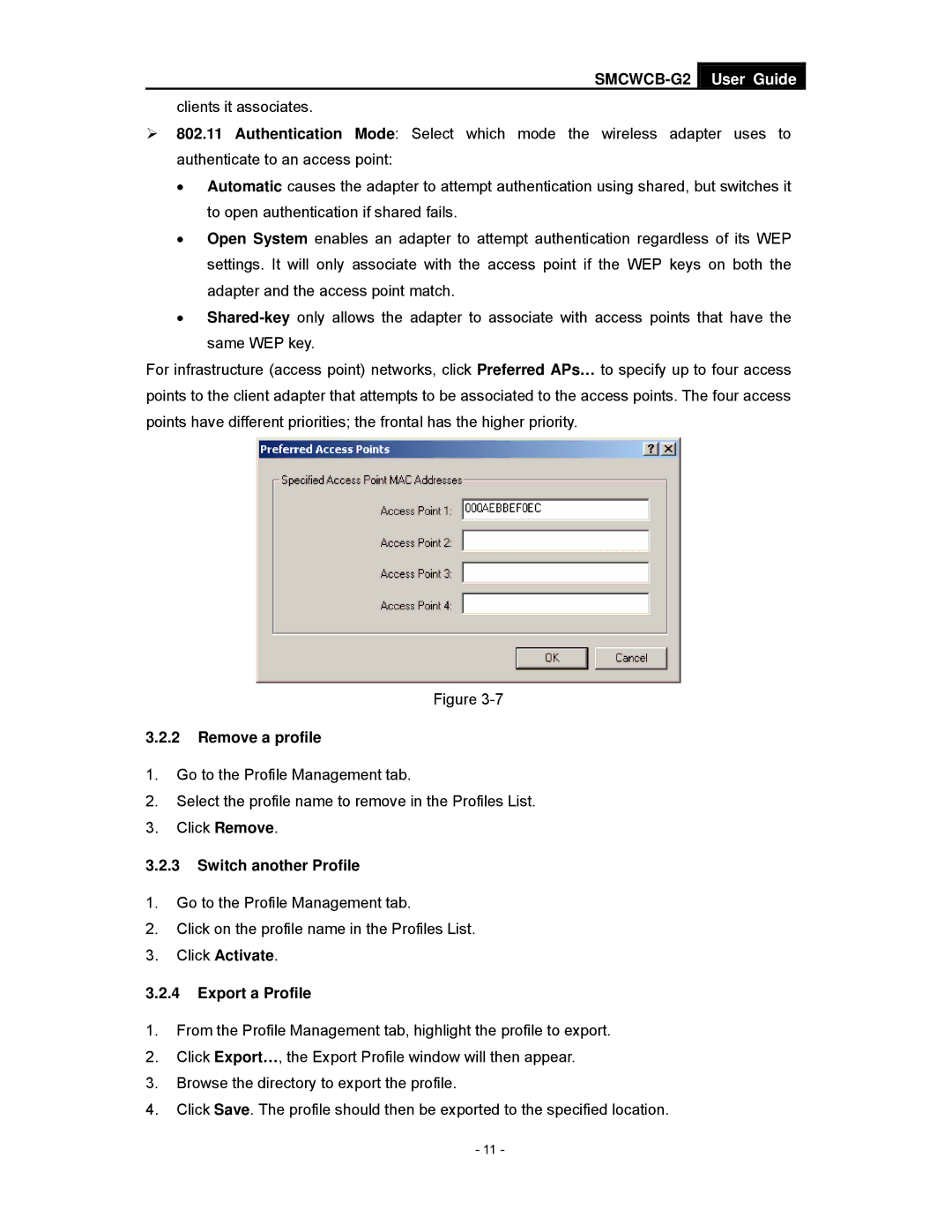 SMC Networks SMCWCB-G2 manual Remove a profile, Switch another Profile, Click Activate Export a Profile 