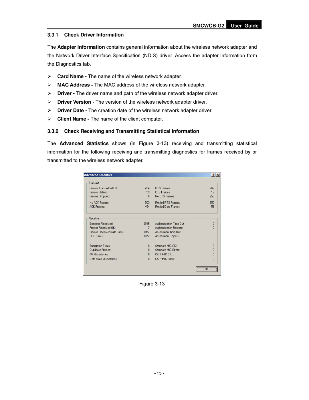 SMC Networks SMCWCB-G2 User Guide Check Driver Information, Check Receiving and Transmitting Statistical Information 