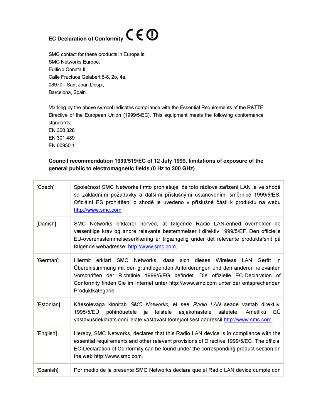 SMC Networks SMCWCB-G2 manual EC Declaration of Conformity 