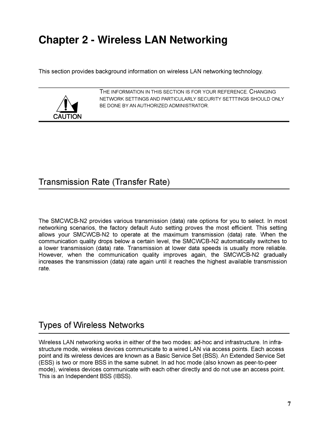 SMC Networks SMCWCB-N2 manual Transmission Rate Transfer Rate, Types of Wireless Networks 