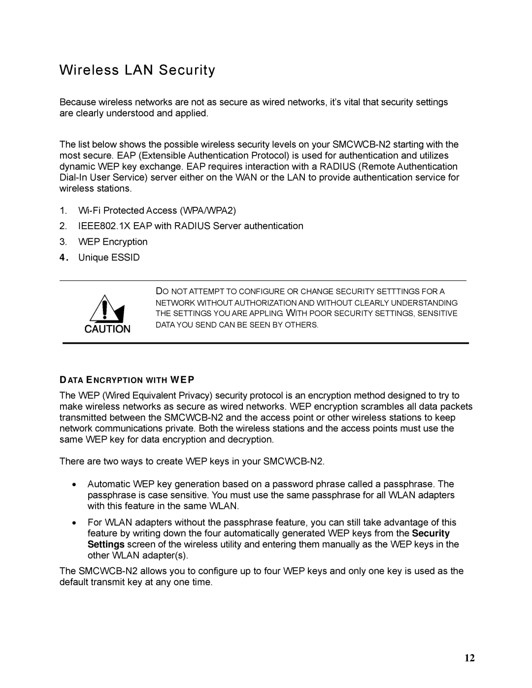 SMC Networks SMCWCB-N2 manual Wireless LAN Security 