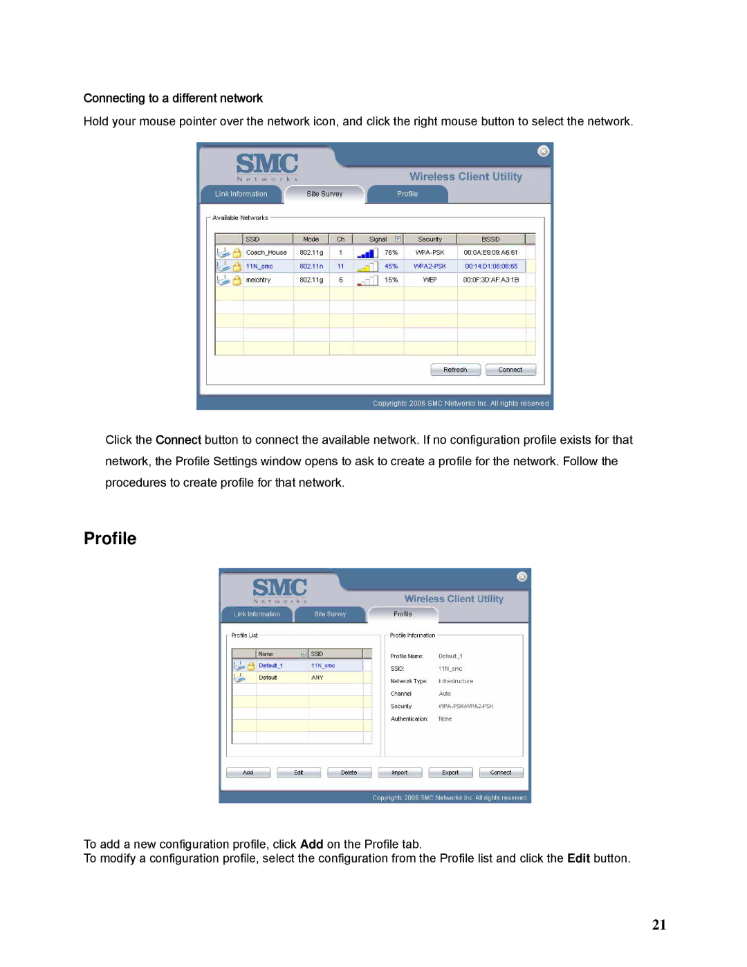 SMC Networks SMCWCB-N2 manual Profile, Connecting to a different network 